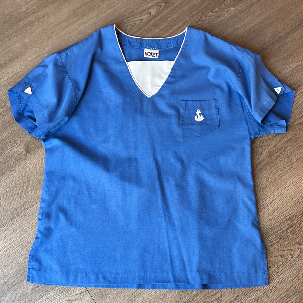 Vintage Koret Blue Scrub Top with Anchor pocket